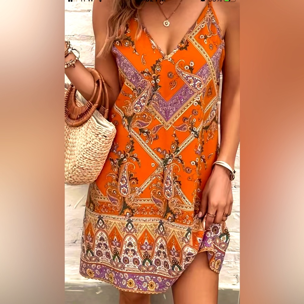 D) Ladies Boho Paisley V-Neck Cami Dress Sleeveless With Back Out. Size Medium